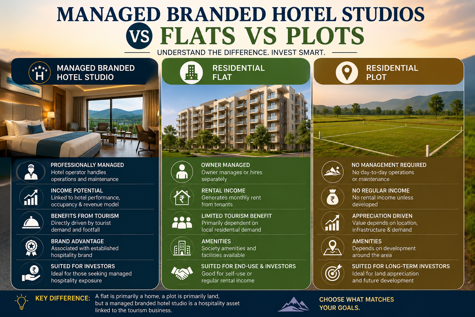 Managed Branded Hotel Studios vs Flats vs Residential Plots: Which Investment Model Is Different?